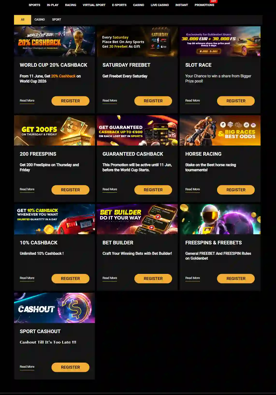 Goldbet Promotions oldal a tíz aktív promócióval — cashback, freespins, slot race