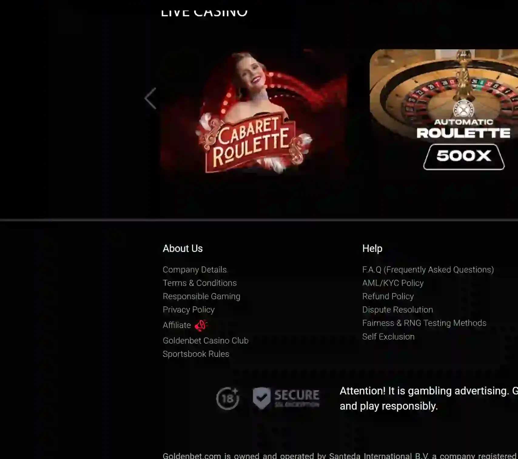 Goldbet footer biztonsági szekció 18+ jelöléssel, SSL Encryption és CGA tanúsítvánnyal
